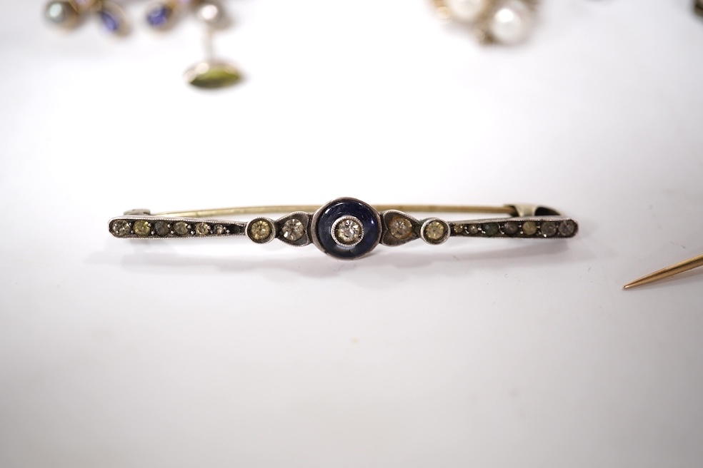 A small quantity of assorted mainly costume jewellery and other items, including a paste set buckle, two cut steel ornaments, a 10k and cultured pearl set ring, enamelled pencil, tortoiseshell lorgnettes, an Edward I Iri